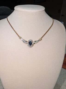 Natural Blue Sapphire & Diamond Necklace 10k Yellow Gold 17" necklace
